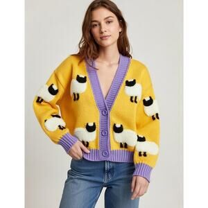 Women's Baby Animal Sheep Kawaii Cardigan Cropped Y2K Spring Ribbed Knit One Sz